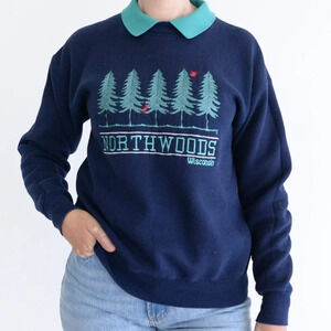 Vintage Lee Heavyweight Navy Embroidered Northwoods Wisconsin Collared Sweater M